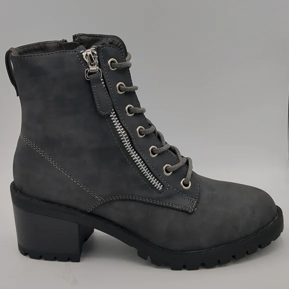 Gray Women Combat Ankle Boots Chunky Mid Heels - Picture 2 of 5